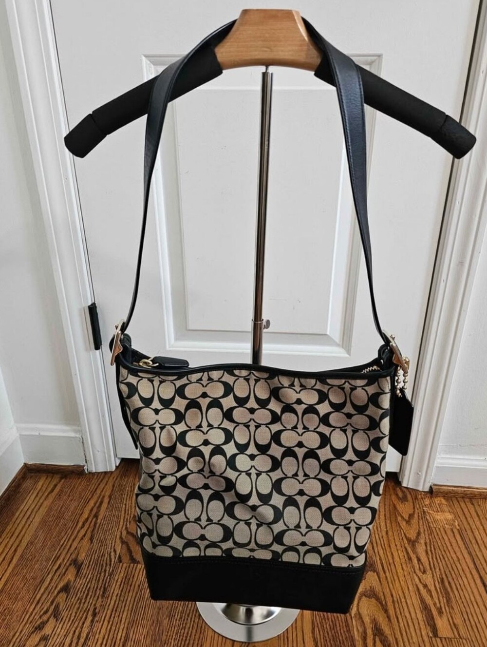 Classic Signature Canvas Shoulder Bag - Black & Beige